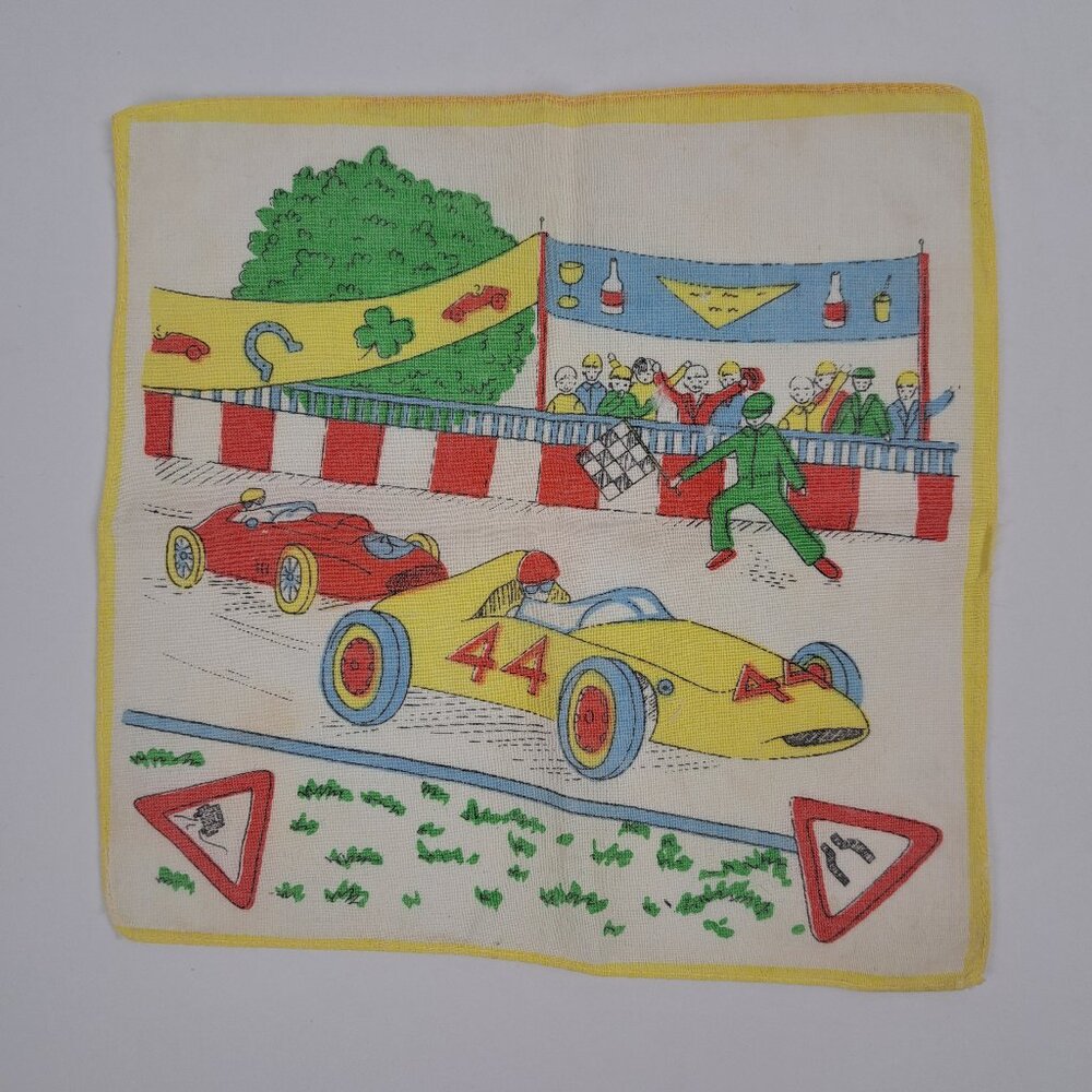 Vintage Children's Handkerchief with a Car Racing Scene